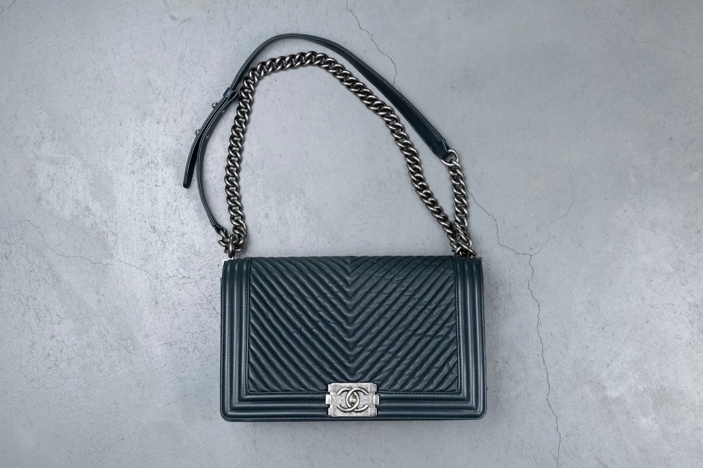Chanel Navy Blue Chevron Leather Boy Bag