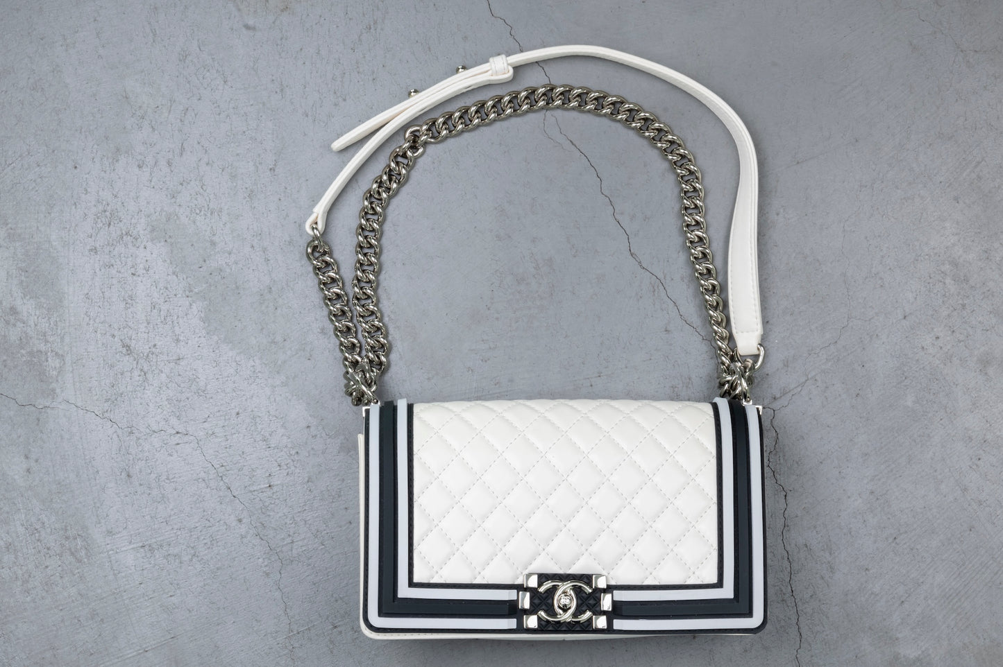 Medium Quilted White and Navy Blue Boy Bag
