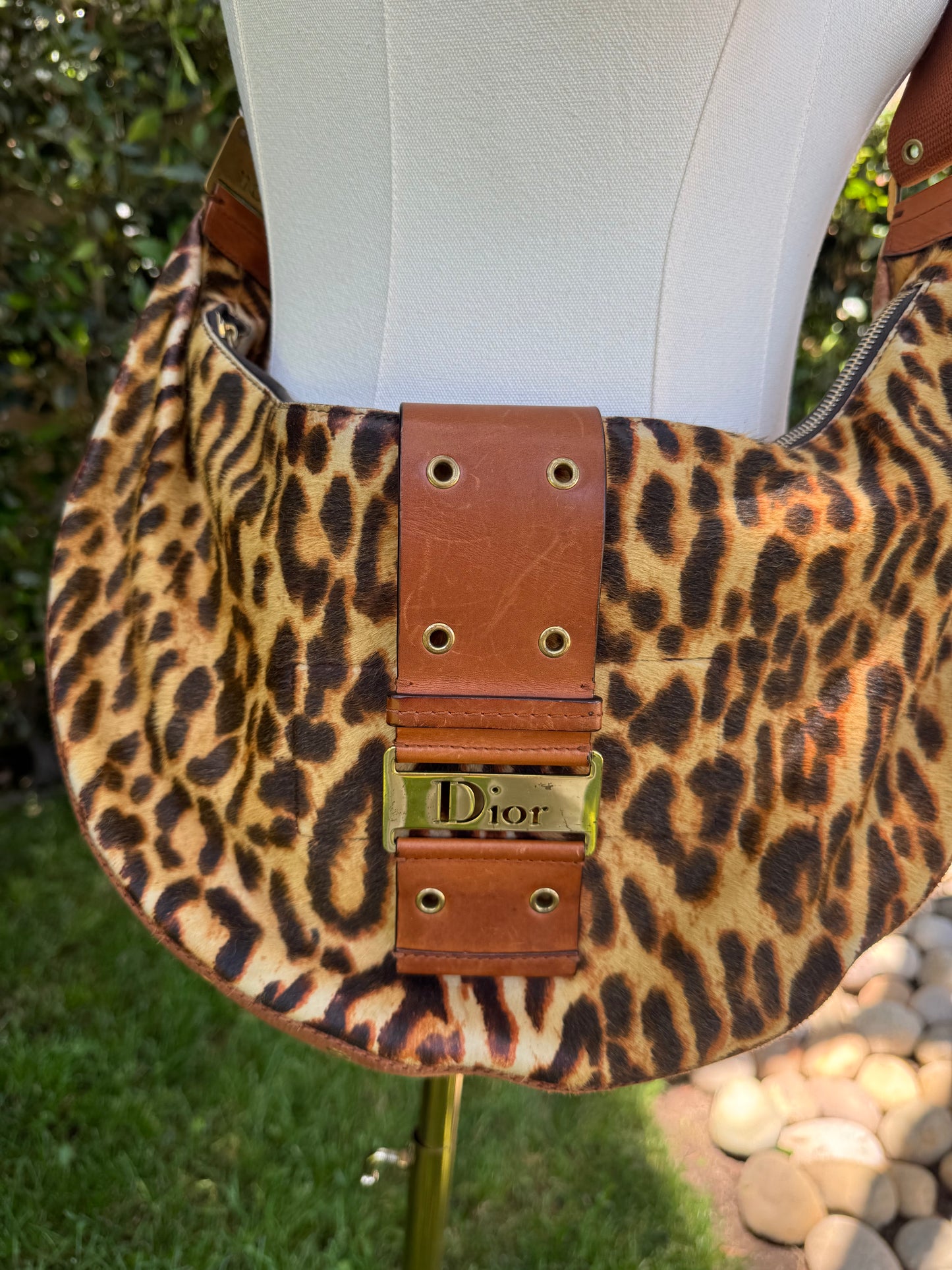 Dior Street Chic Hobo Leopard Print Pony Hair Satchel Bag