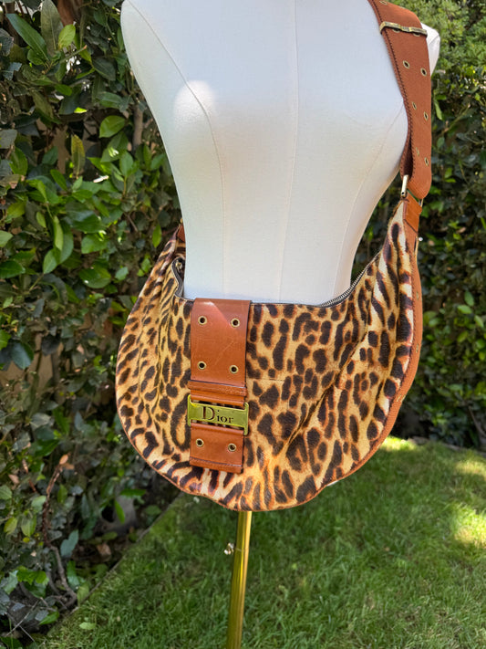 Dior Street Chic Hobo Leopard Print Pony Hair Satchel Bag
