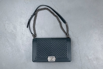Chanel Navy Blue Chevron Leather Boy Bag