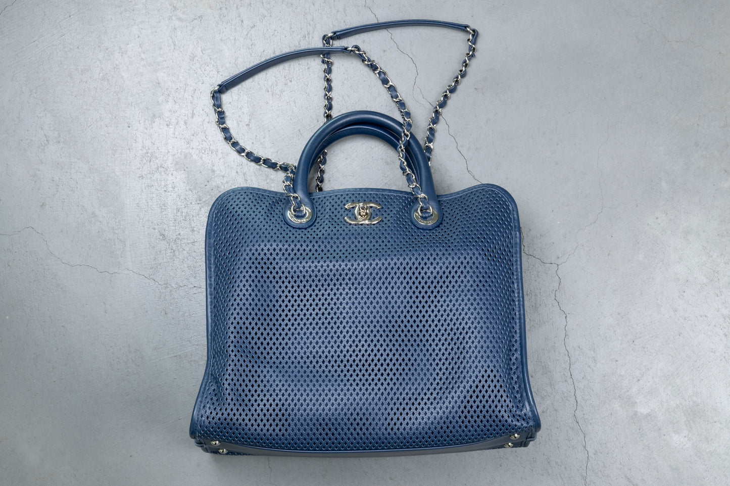 Chanel Up in the Air Perforated Blue Leather Tote