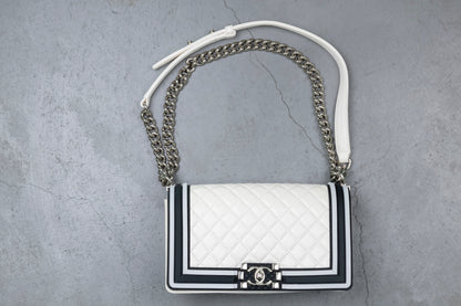 Medium Quilted White and Navy Blue Boy Bag