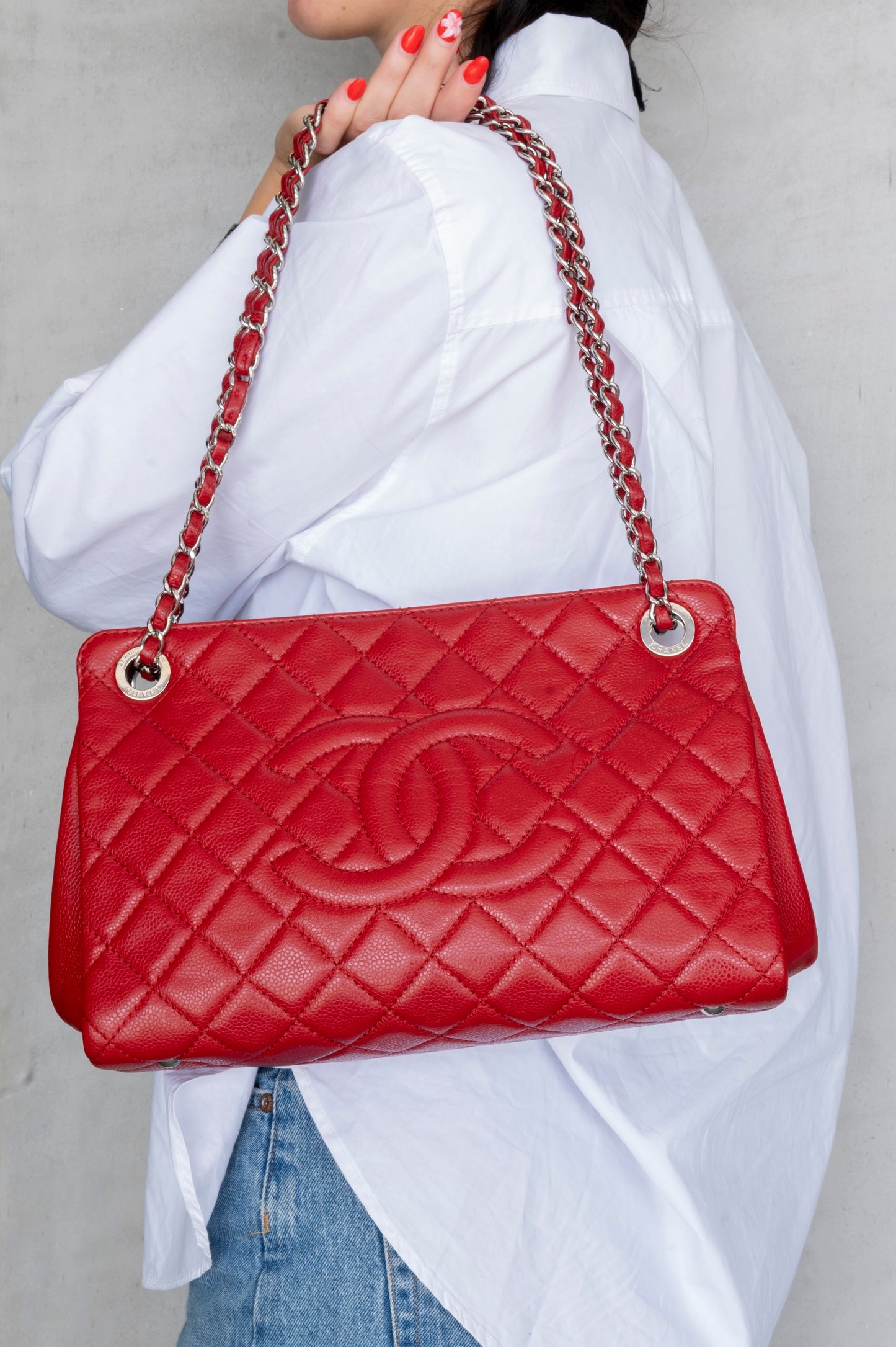 Chanel Red Quilted Leather Timeless CC Shopping Bag
