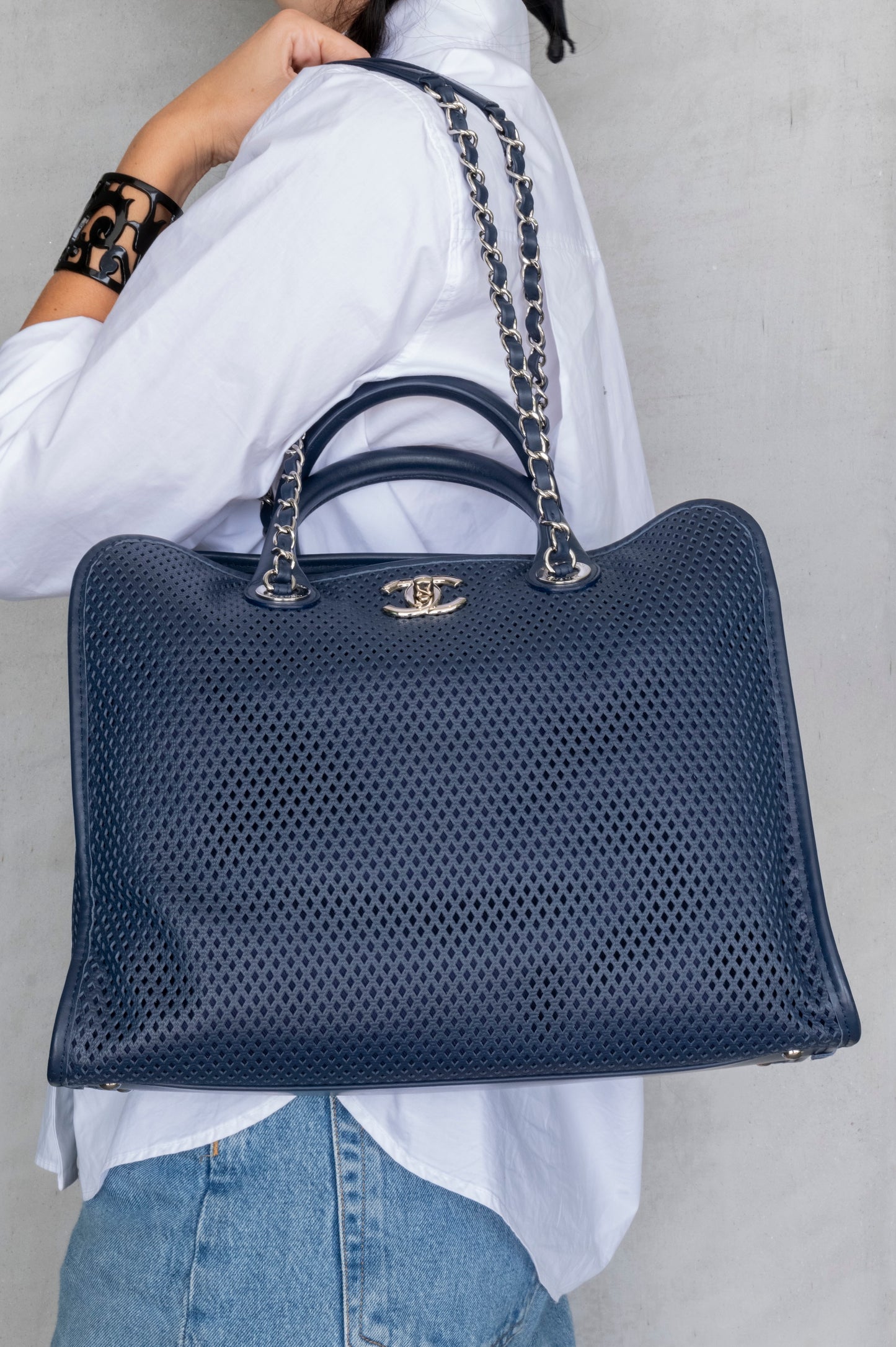Chanel Up in the Air Perforated Blue Leather Tote