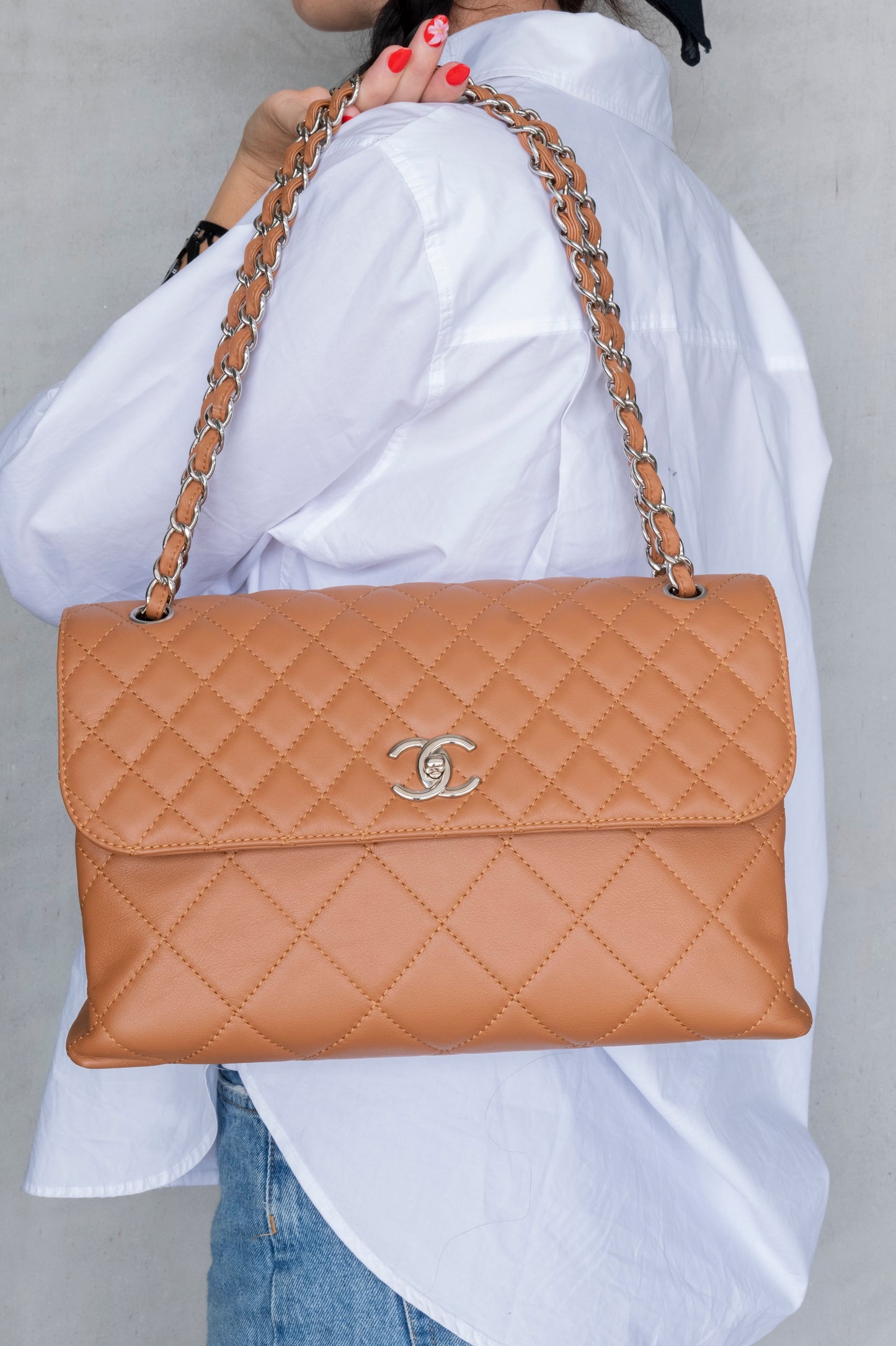 Chanel Orange Stitched Calfskin In-The-Business Flap