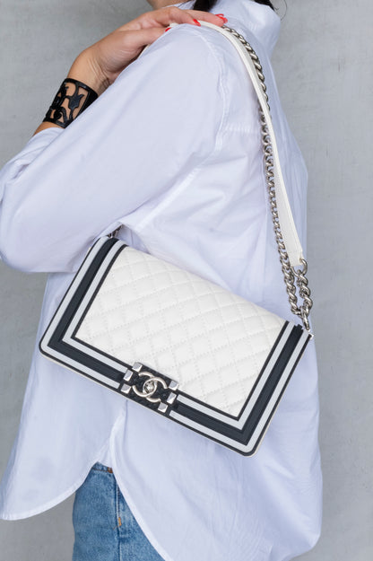 Medium Quilted White and Navy Blue Boy Bag